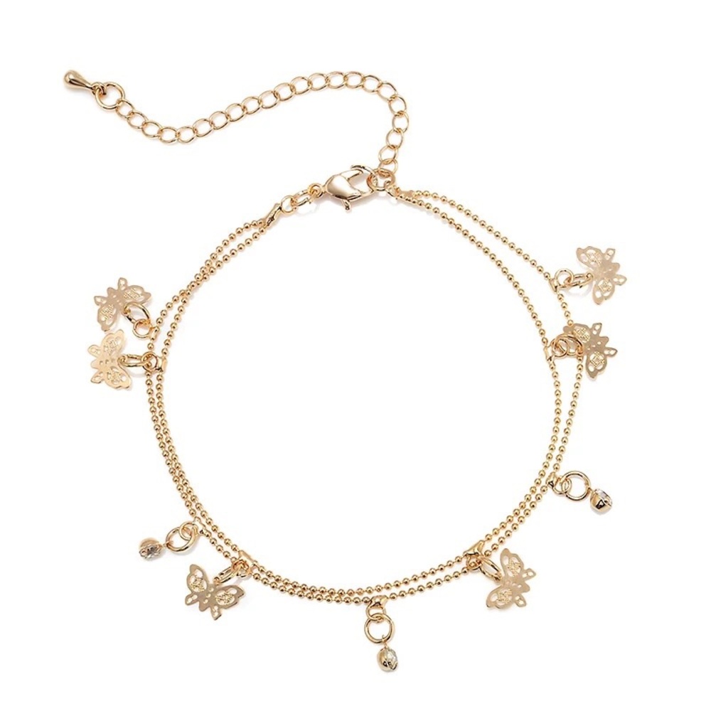 🎉 New Butterfly & Crystal Double Layer Ankle Adjustable Bracelet
